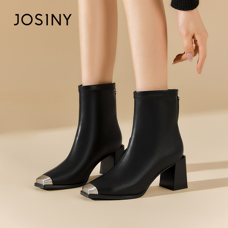 卓诗尼冬女靴撤柜正品复古金属方头短靴洋气百搭粗跟舒适通勤时尚