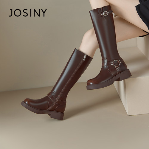 卓诗尼冬季女靴撤柜正品长筒靴复古擦色骑士靴圆头厚底酷感皮带扣