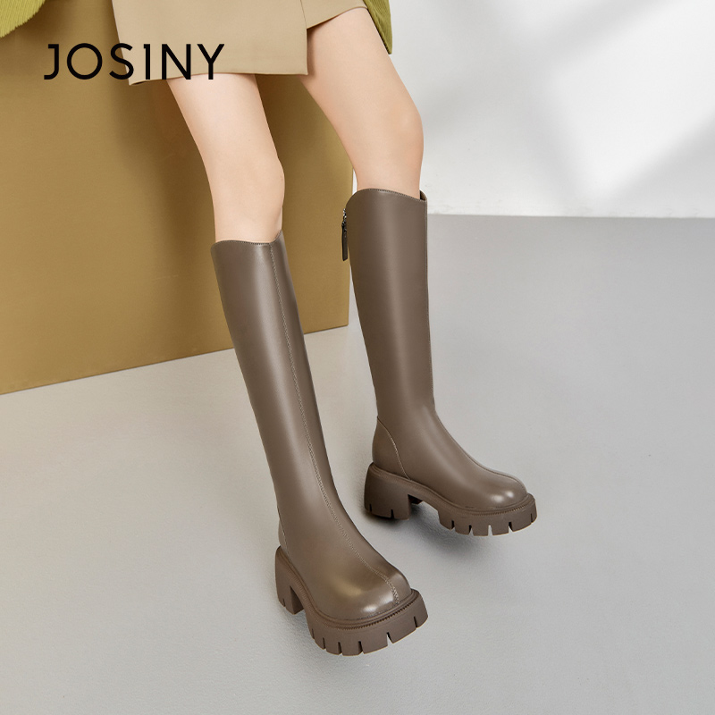 卓诗尼女靴粗跟长筒靴秋冬新款高筒靴女小个子骑士靴显瘦百搭女靴