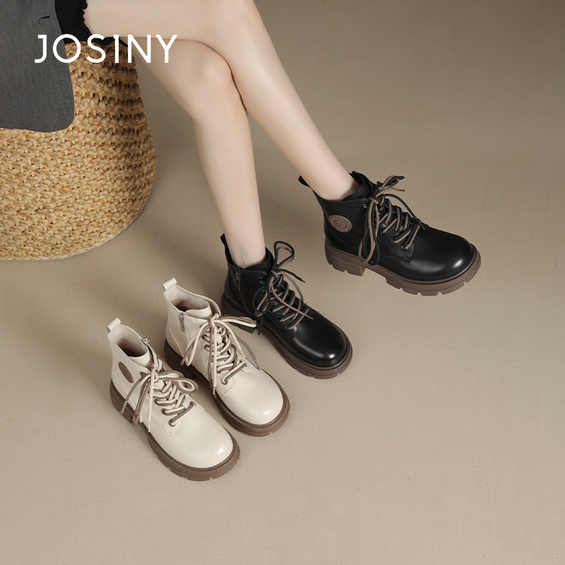 卓诗尼撤柜正品女鞋秋冬复古休闲马丁靴双色鞋带学院圆头厚底百搭