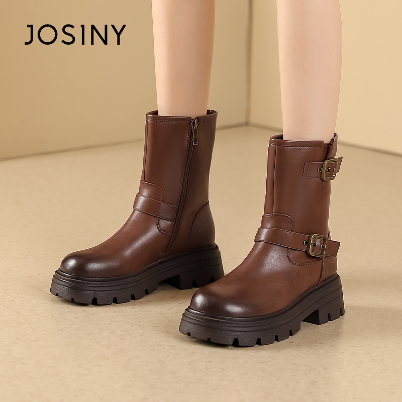 卓诗尼冬季女靴撤柜正品西部牛仔风厚底靴擦色圆头酷飒皮带扣装饰