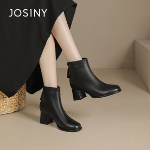 卓诗尼冬季女靴撤柜正品气质韩系瘦瘦靴秀气圆头稳当粗跟通勤舒适