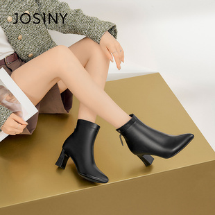 卓诗尼冬季女士短筒靴子圆头粗高跟加绒后拉链及踝韩版时装休闲