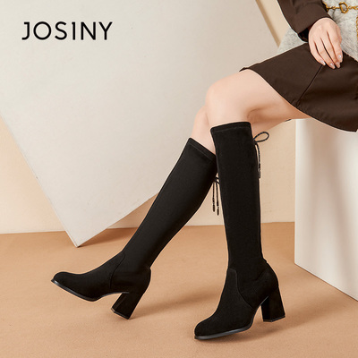 卓诗尼女鞋粗跟圆头高筒靴百搭通勤气质绒面不过膝长靴弹力瘦瘦靴