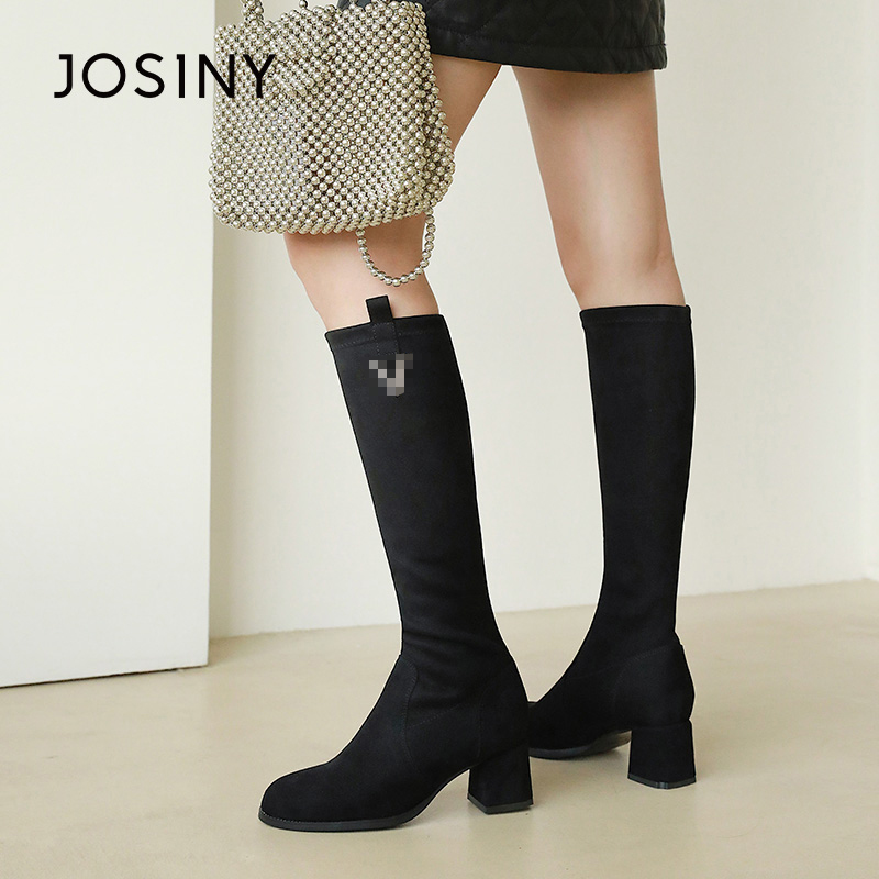 卓诗尼女鞋水钻尖头百搭英伦风气质绒面高筒靴不过膝长靴弹力显瘦