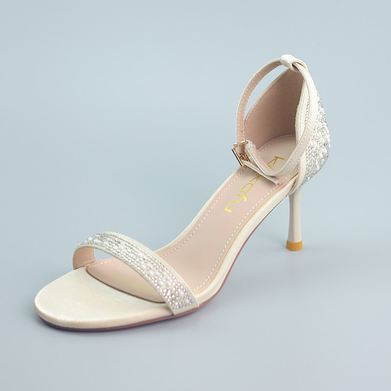 珂卡芙夏季女鞋高跟简约凉鞋一字扣带珍珠水钻露趾后包跟气质时装