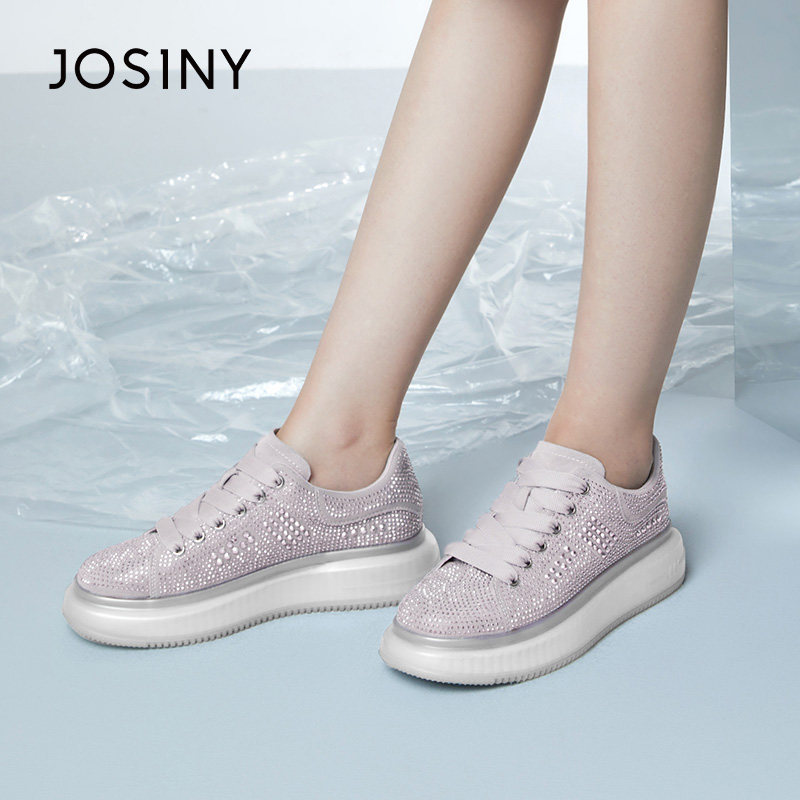 卓诗尼春秋季新款女鞋子单鞋水钻圆头系带平跟小板鞋韩版百搭休闲