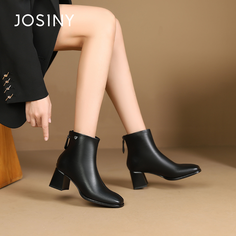 卓诗尼冬季女靴撤柜正品法式气质粗跟短靴日常百搭方圆头舒适通勤