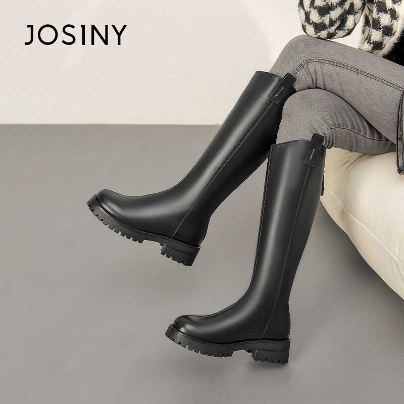 卓诗尼女鞋高筒骑士靴秋冬新款气质时尚圆头低跟舒适简约休闲女靴