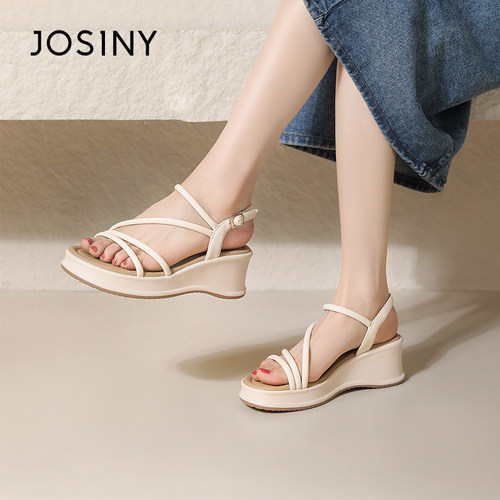 卓诗尼撤柜正品夏季沙滩绕带坡跟凉鞋女露趾厚底舒适百搭休闲鞋