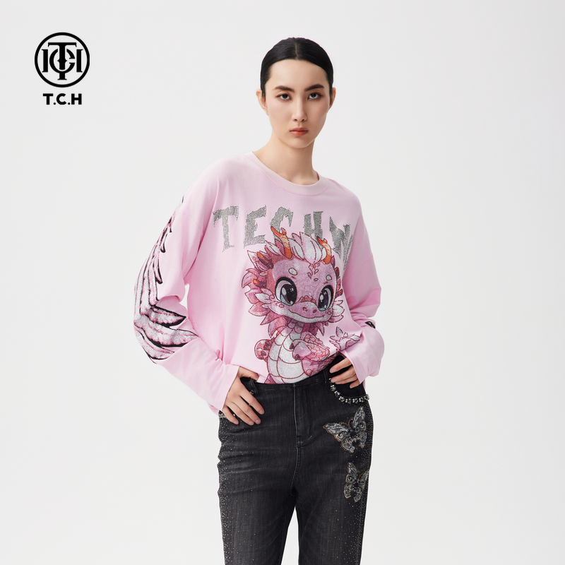 TCH2024秋季新款烫钻长袖T恤女潮牌宽松休闲套头卫衣男T72C086012