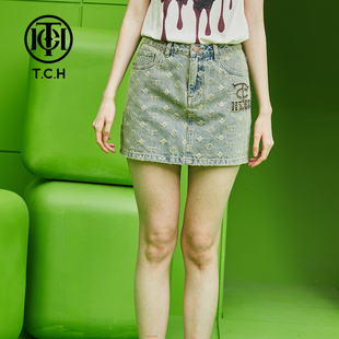 TCH 燙鉆復(fù)古設(shè)計(jì)感牛仔短裙T69B228002 新款 輕奢潮牌夏季