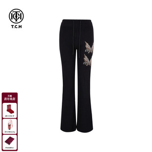 T75D20E1172 女2025冬新款 TCH蝴蝶烫钻百搭显瘦黑色加绒修身 微喇裤