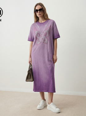 TCH26春夏款潮牌蝴蝶烫钻渐变紫长款宽松休闲连衣裙女T78A30E1060