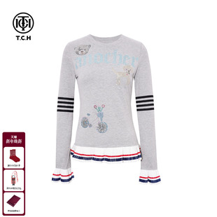 新款 T恤上衣女潮2025冬季 T75D08E1007 长袖 TCH拼色荷叶圆领喇叭袖