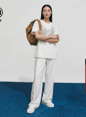 TCH潮酷风烫钻翅膀白色宽松短袖T恤女休闲阔腿裤套装T78A07E1167