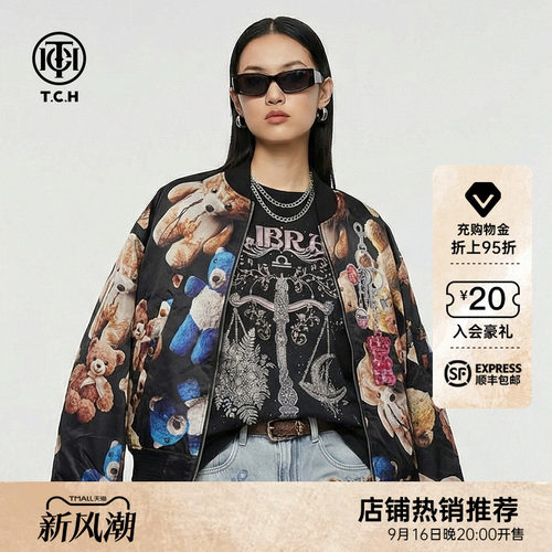 TCH潮牌街头满印小熊烫钻宽松棒球领夹克外套男女同款T78A276118