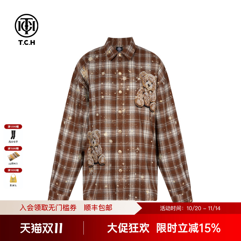 TCH轻奢潮牌烫钻街头休闲宽松格子衬衫上衣男女同款T75C13E9003
