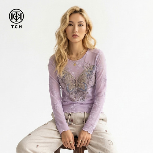 TCH烫钻炫彩蝴蝶木耳边打底衫女温柔紫修身长袖上衣女T78A02E1046