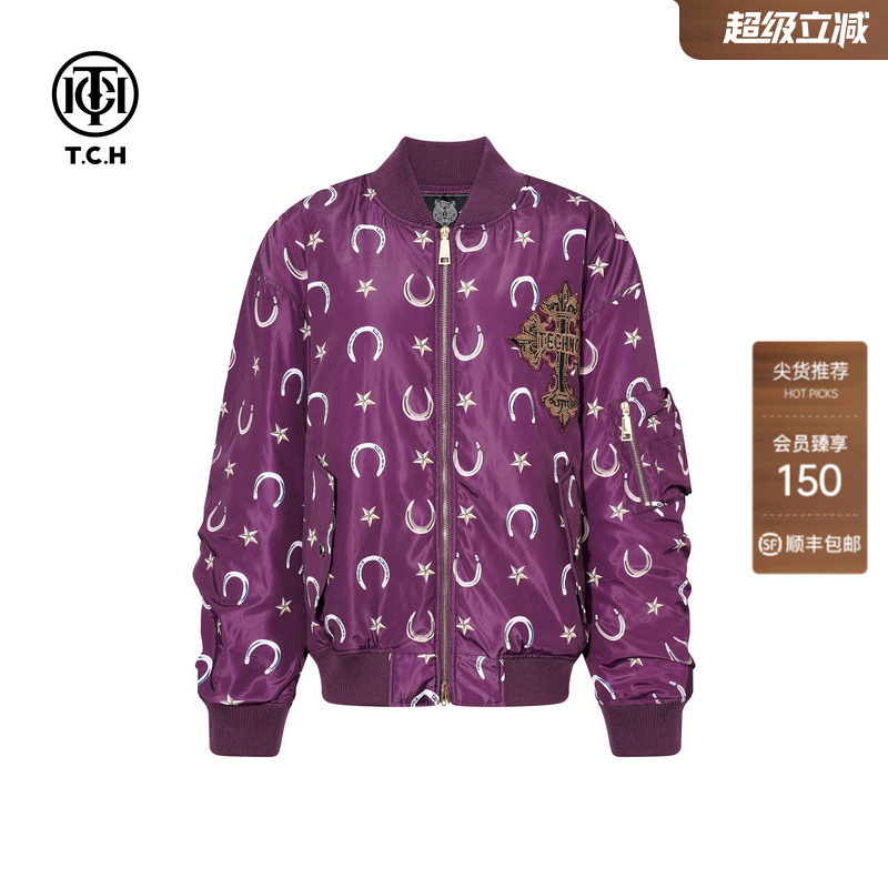 TCH潮牌时尚烫钻棒球领棉服外套女2026春夏新款情侣装T75C18E9002