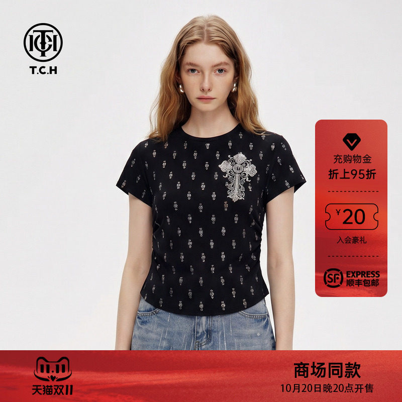 TCH满印烫钻修身黑色短袖T恤女2026夏季新款美式辣妹风显瘦短上衣