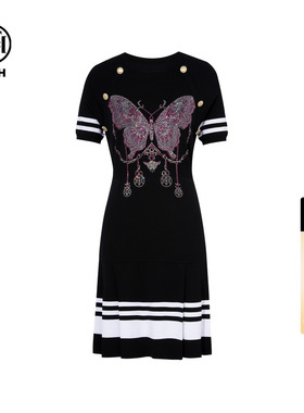 TCH轻奢时尚烫钻高定蝴蝶撞色A字显瘦气质连衣裙女夏T75B30E1207