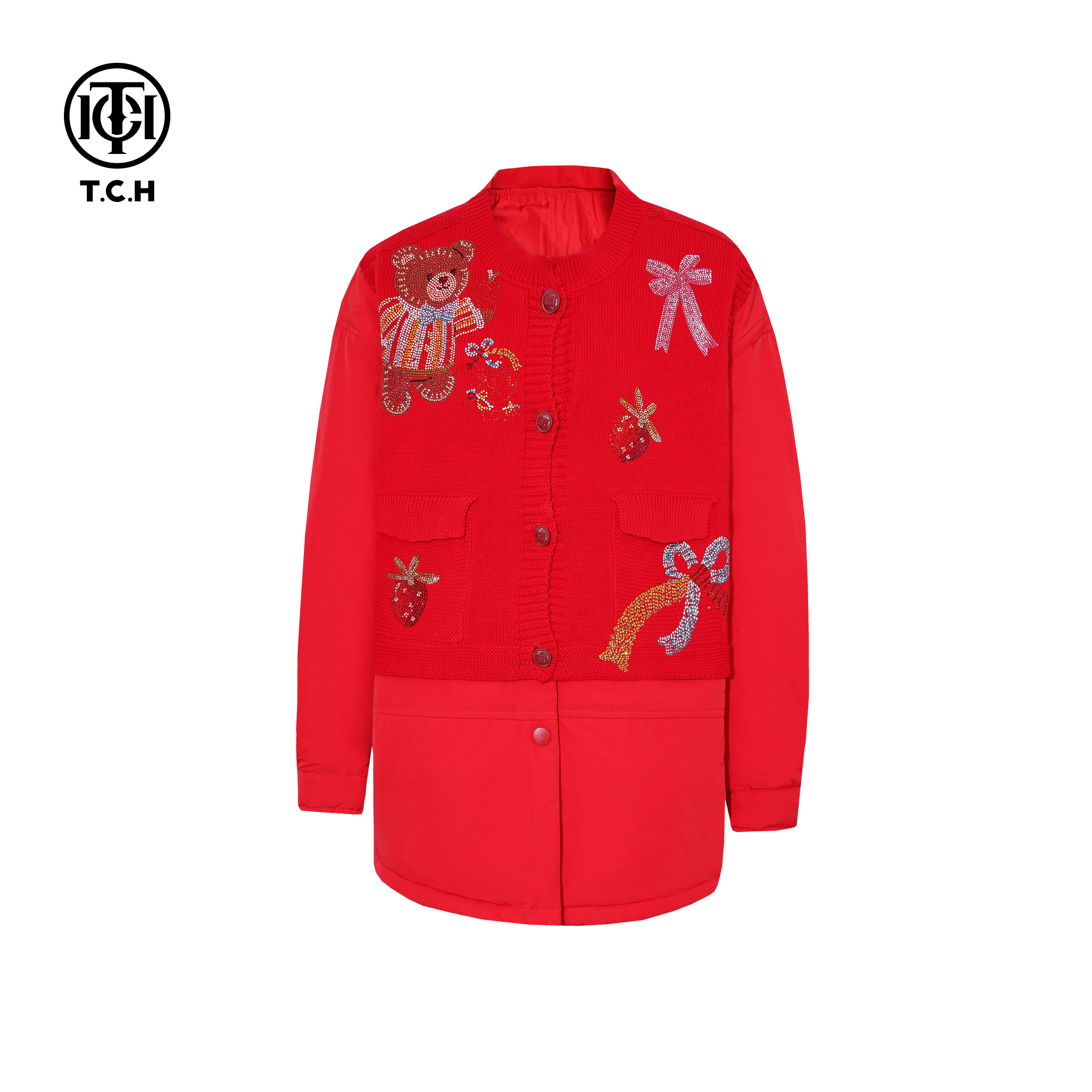 TCH烫钻宽松针织拼接红色保暖棉服外套女2025冬季新款T75D18E1015
