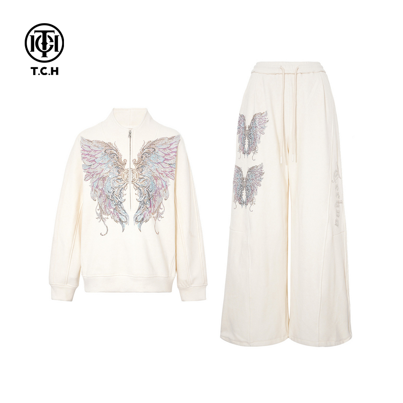 TCH私服25冬季新款慵懒风烫钻米色套头外套阔腿裤套装T75D07E1048