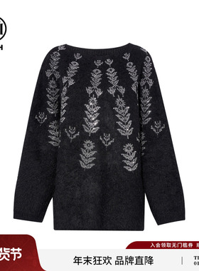TCH时尚潮牌花卉烫钻黑色圆领毛针织衫女2025冬季新款T75D09E1202