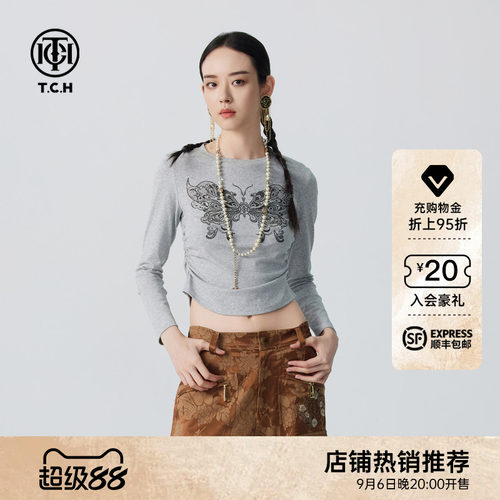 TCH秋新款烫钻蝴蝶长袖T恤女时尚收腰显瘦打底衫T72C086001