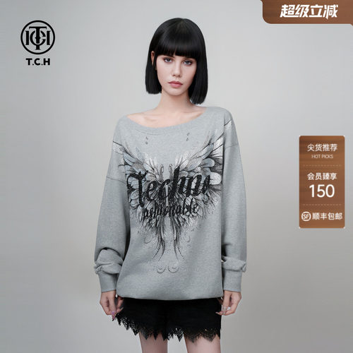 TCH烫钻翅膀美式休闲宽松圆领长袖卫衣T75C11E9003