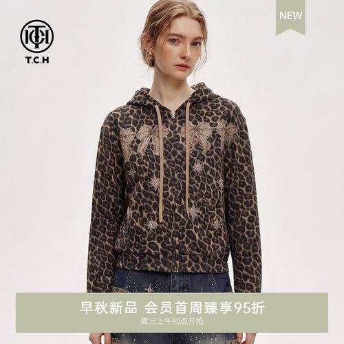 美式休闲豹纹连帽拉链短外套