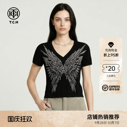 TCH2026秋季新款翅膀烫钻显瘦黑色修身短袖针织T恤女T78A09E1183