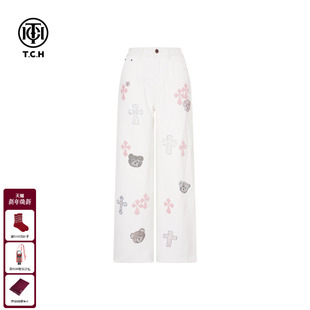 TCH百搭时尚 女T75D20E1155 烫钻刺绣25秋冬直筒显瘦加绒白色牛仔裤