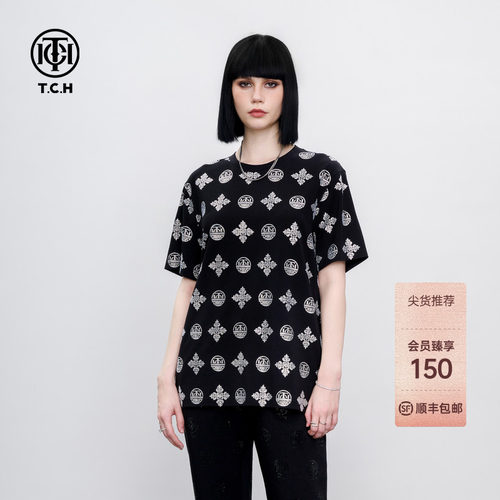TCH美式潮流烫钻LOGO满印时尚休闲短袖T恤男女同款2026夏季新款