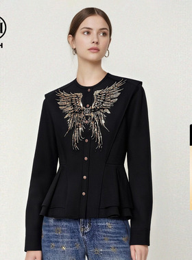 TCH烫钻天使之翼黑色气质收腰修身显瘦长袖衬衫上衣女T78A13E1017