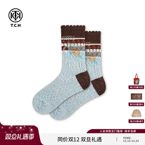 TCH2025秋冬新款烫钻复古花边中筒袜女保暖堆堆袜子T75D55E1028