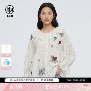 TCH烫钻木马蕾丝衬衫 女荷叶边娃娃领宽松显瘦甜美上衣T78B13E1001