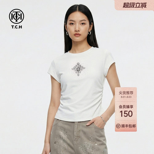 TCH2026春新款修身显瘦设计感短款辣妹正肩短袖T恤女T78A10E1028
