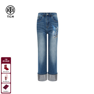 新款 女25秋季 T75C20E9006 高腰显瘦百搭直筒牛仔裤 TCH轻奢烫钻时尚