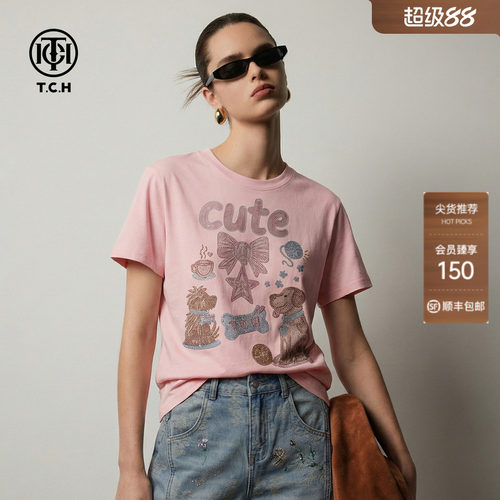 TCH纯棉卡通烫钻短袖T恤女