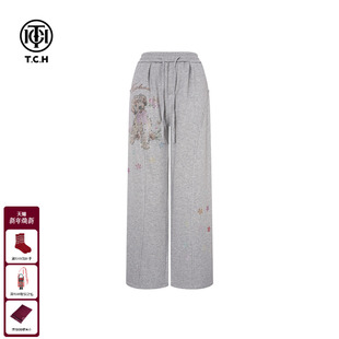 烫钻花灰色直筒宽松休闲裤 百搭时尚 女T75D20E1252 新款 TCH2025冬季