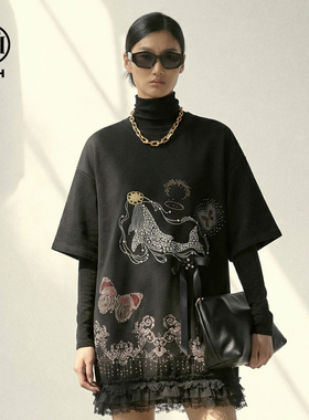 TCH【减龄百搭】春款卡通烫钻花边下摆黑色女装连衣裙T78A30E1035