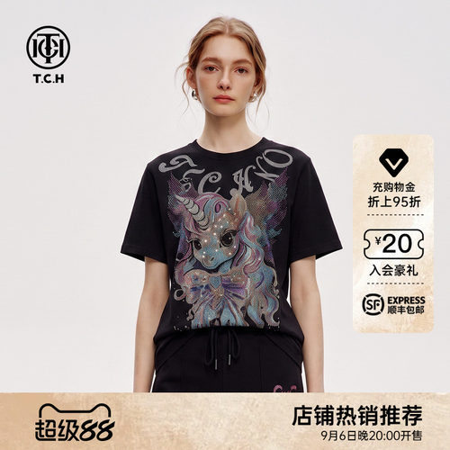 重工烫钻独角兽黑色短袖T恤女