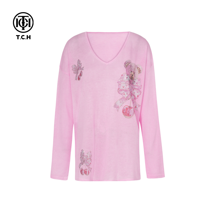 TCH私服烫钻轻薄时尚宽松百搭蝴蝶结v领针织衫女秋装T75C09E5055
