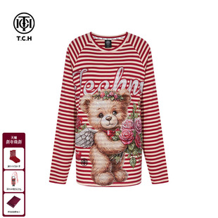 T75C08E9012 新款 TCH私服小熊烫休闲百搭潮牌条纹长袖 T恤女25秋季