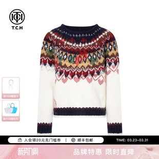 T75D09E120259 烫钻针织衫 TCH慵懒提花费尔岛毛衣女2025冬季 新款