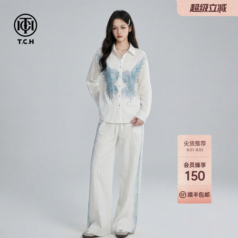 TCH休闲亚麻烫钻翅膀套装女白色翻领衬衫阔腿裤两件套T78B07E1019