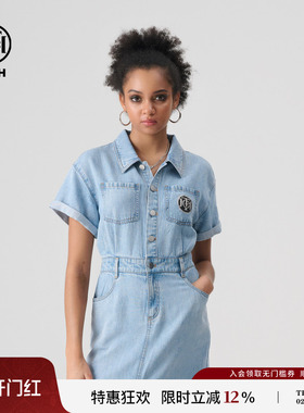 TCH轻奢烫钻时尚百搭短袖蓝色牛仔连衣裙2025春夏新款T72B308005