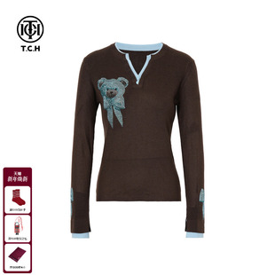 女T75D09E1049 咖色打底针织衫 TCH私服2025秋冬新款 氛围感烫钻时尚